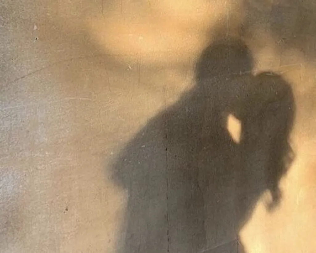 The shadows of two people leaning towards one another, cast across a sunlit wall
