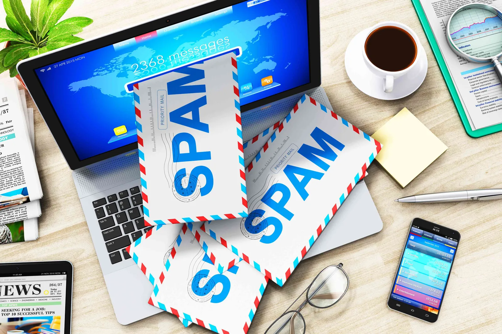 A laptop showing thousands of unread messages, surrounded by envelopes stamped Spam