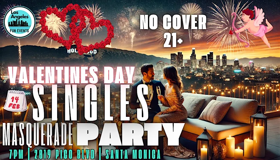 Promotional graphic for the Valentine’s Day Singles Masquerade Party in Santa Monica, over a night-time Los Angeles skyline
