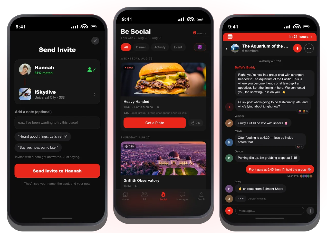 Buffet on an iPhone: the week of experiences to pick from, with a 1:1 invite and a group chat for a table of six